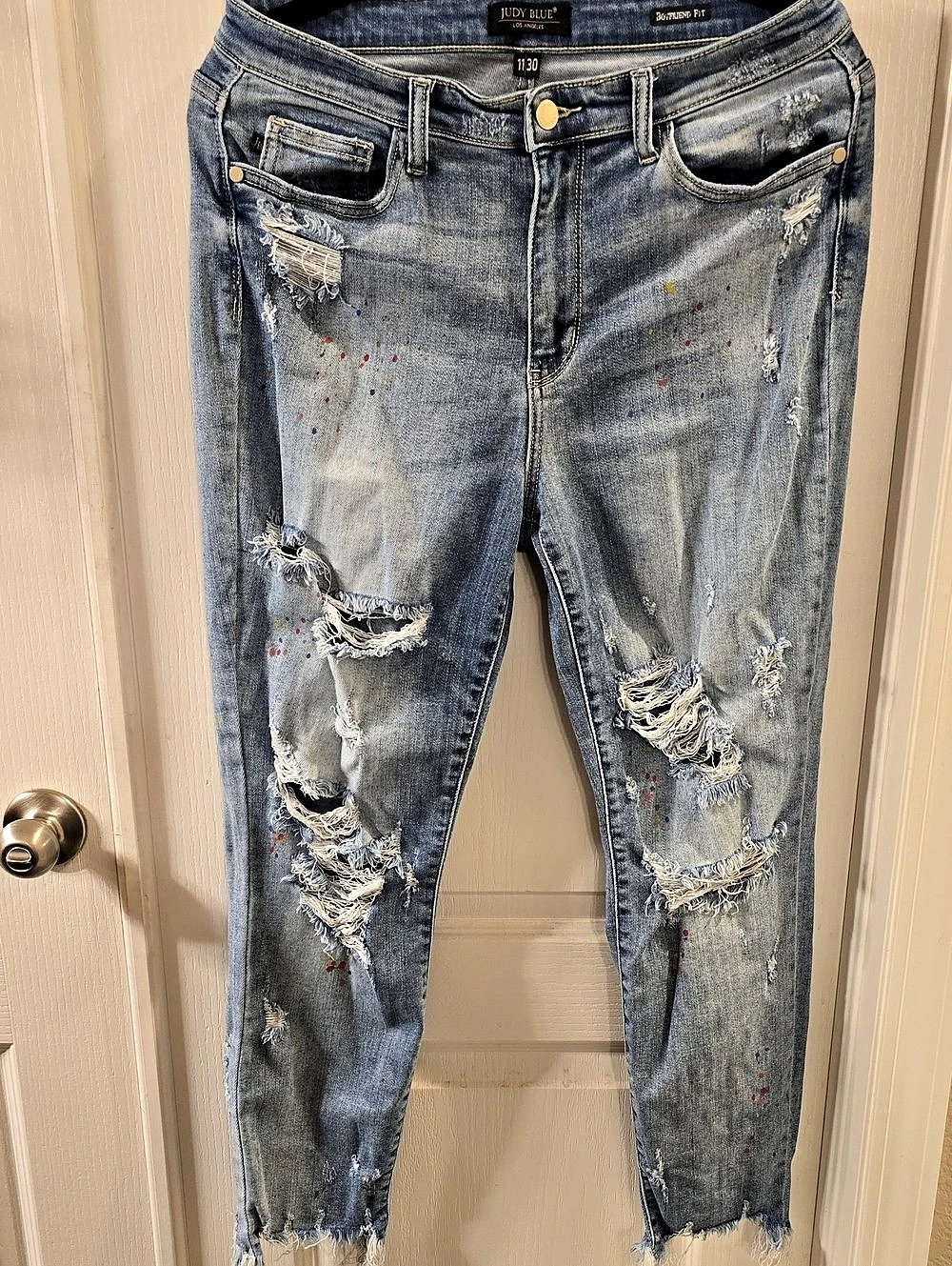 Judy Blue Boyfriend Fit Distressed Jeans in Blue Waist 11